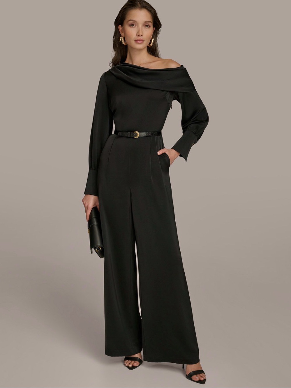 Donna Karan Black One Shoulder Belted Jumpsuit Size 12. NWT.